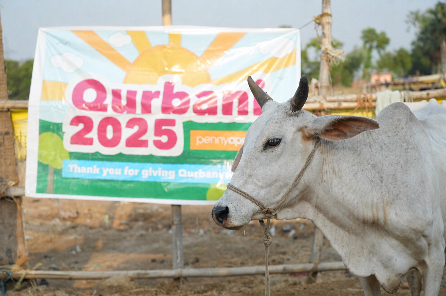A cow stands in front of a Qurbani 2025 sign.
