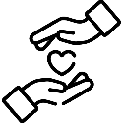 A black outline of two hands, one above and one below, with a heart in the middle of them.